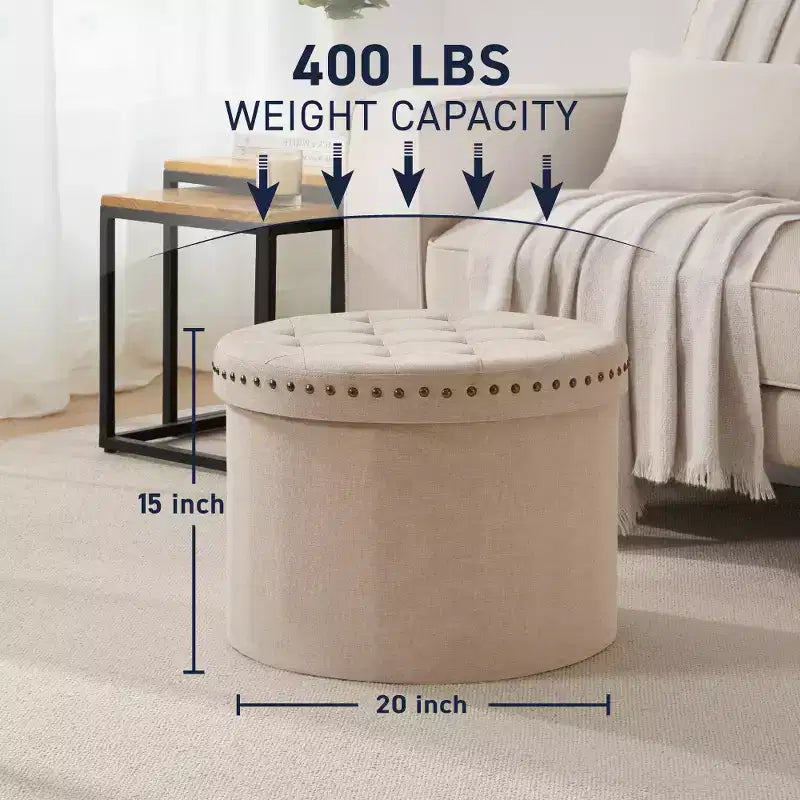 Pouf de rangement rond pliable beige/sable/blanc avec garniture cloutée pour 1 personne