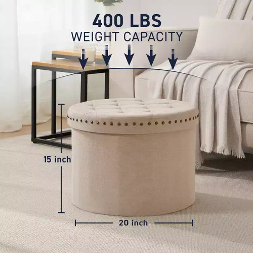 Pouf de rangement rond pliable beige/sable/blanc avec garniture cloutée pour 1 personne