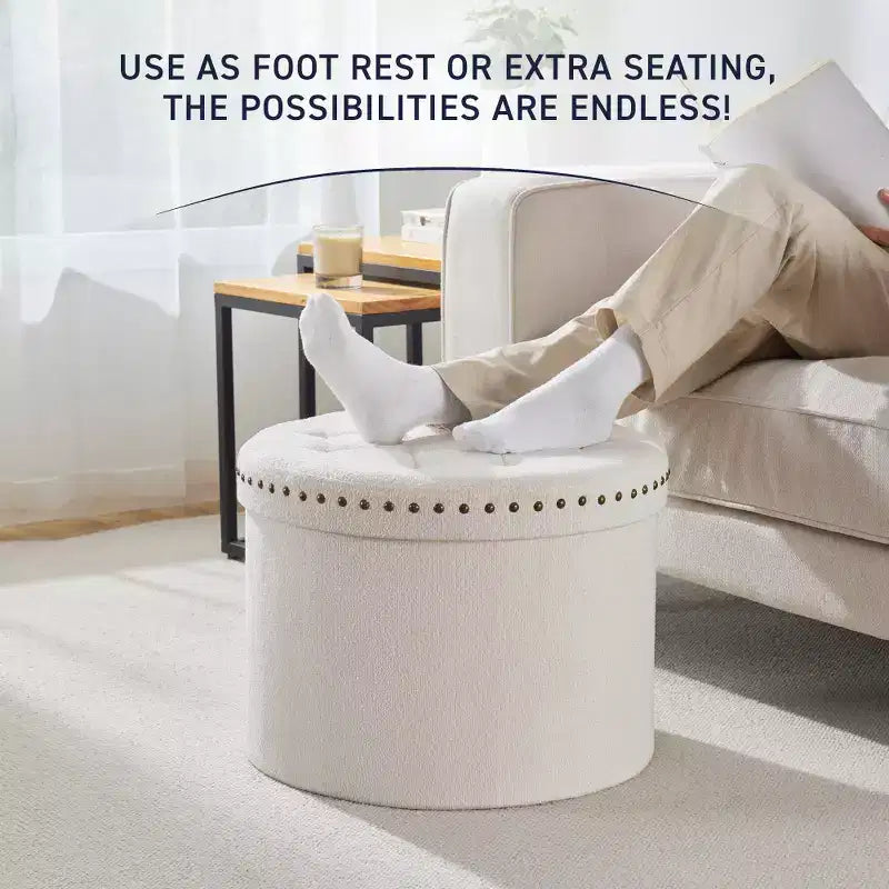 Pouf de rangement rond pliable beige/sable/blanc avec garniture cloutée pour 1 personne