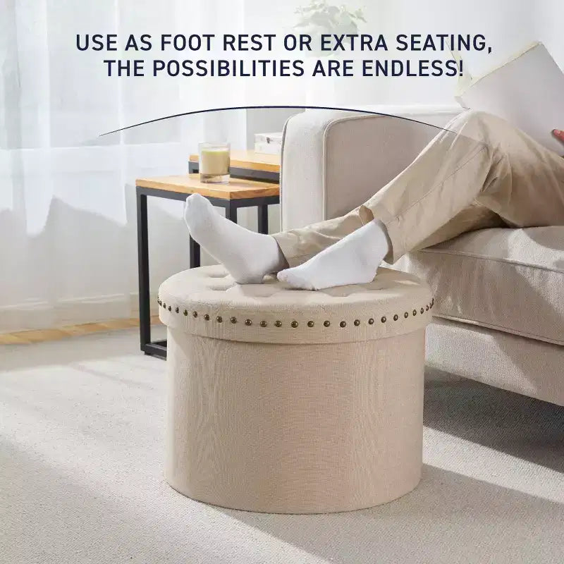 Pouf de rangement rond pliable beige/sable/blanc avec garniture cloutée pour 1 personne