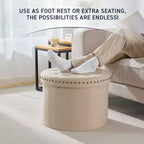 Pouf de rangement rond pliable beige/sable/blanc avec garniture cloutée pour 1 personne