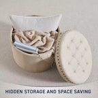 Pouf de rangement rond pliable beige/sable/blanc avec garniture cloutée pour 1 personne