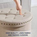 Pouf de rangement rond pliable beige/sable/blanc avec garniture cloutée pour 1 personne