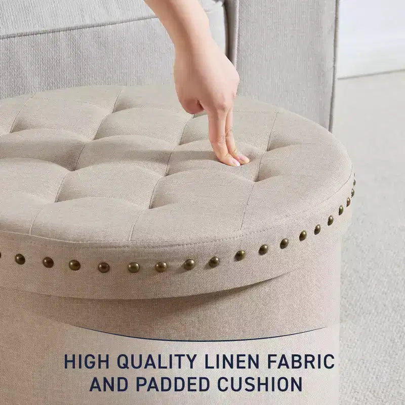 Pouf de rangement rond pliable beige/sable/blanc avec garniture cloutée pour 1 personne
