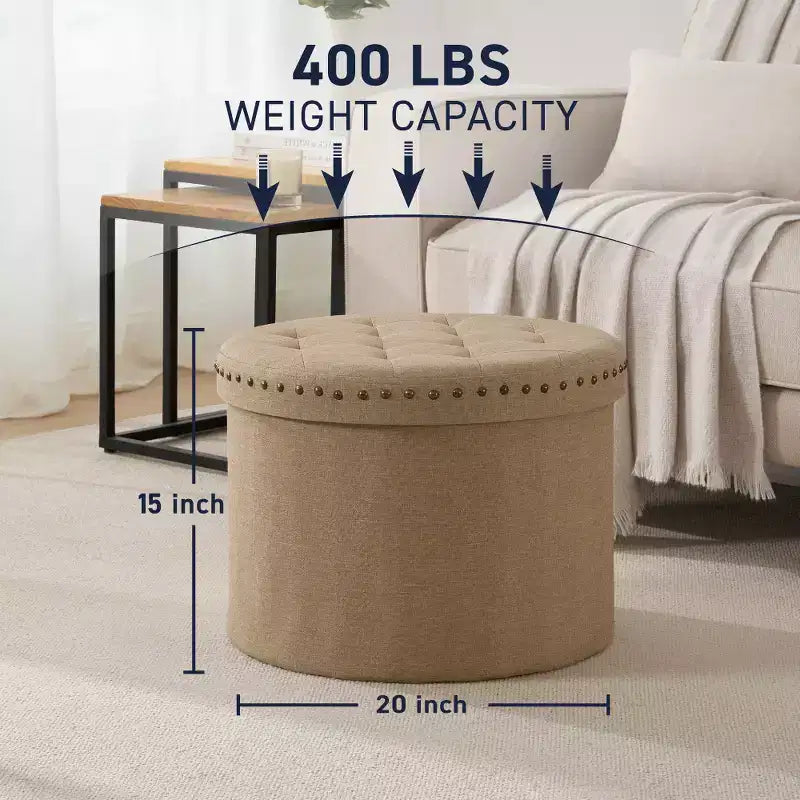 Pouf de rangement rond pliable beige/sable/blanc avec garniture cloutée pour 1 personne