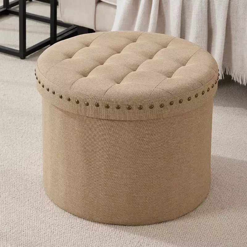 Pouf de rangement rond pliable beige/sable/blanc avec garniture cloutée pour 1 personne