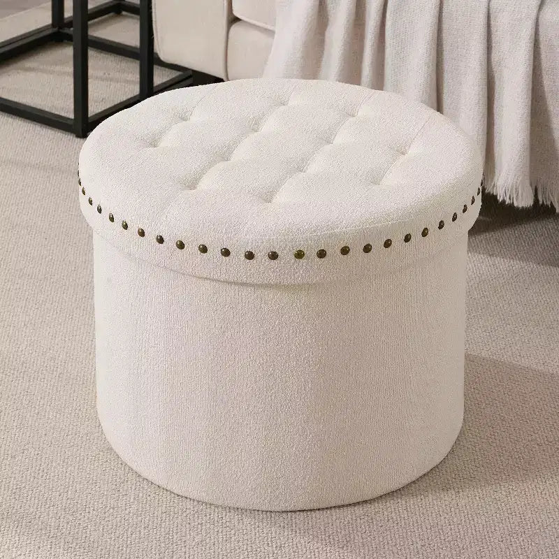 Pouf de rangement rond pliable beige/sable/blanc avec garniture cloutée pour 1 personne