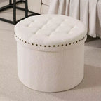 Pouf de rangement rond pliable beige/sable/blanc avec garniture cloutée pour 1 personne