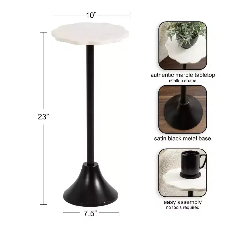 Table d'appoint ronde en marbre festonné et métal noir/doré/argenté pour 1