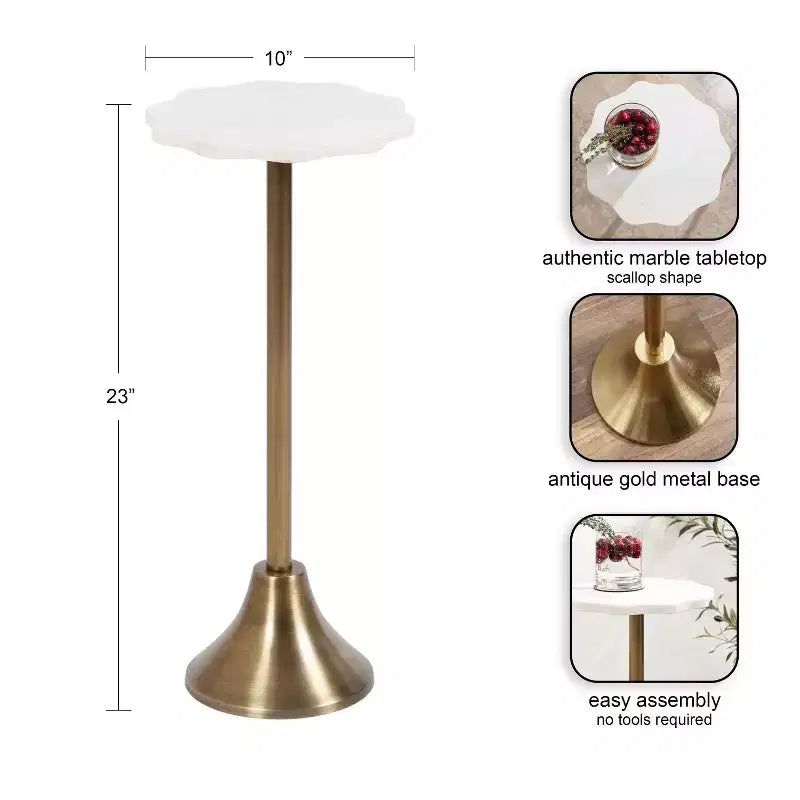 Table d'appoint ronde en marbre festonné et métal noir/doré/argenté pour 1