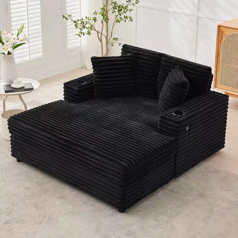 54 Inch Oversized Corduroy Chaise Lounge Chair,Upholstered Sofa Bed,w/ Charging Station,Cup Holders & Pillows,Corduroy Couch for Living Room, Bedroom