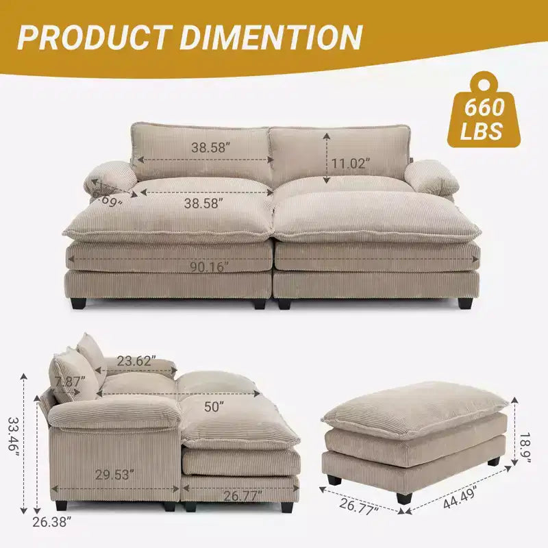 Canapé modulable en velours côtelé couleur nuage pour 2 personnes, disponible en noir/marron/gris/vert/écru
