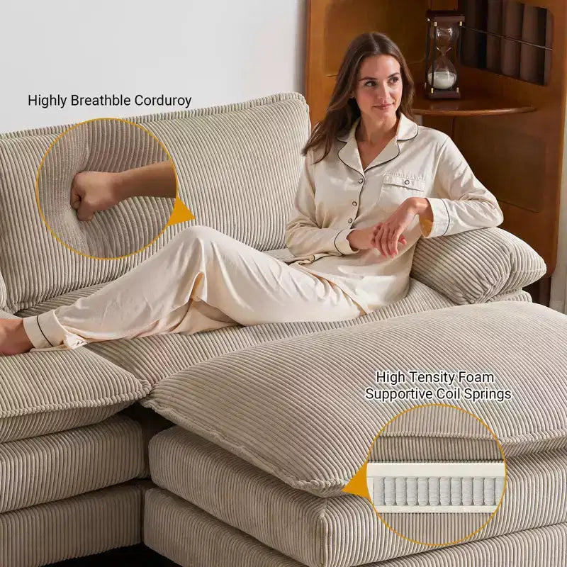 Canapé modulable en velours côtelé couleur nuage pour 2 personnes, disponible en noir/marron/gris/vert/écru