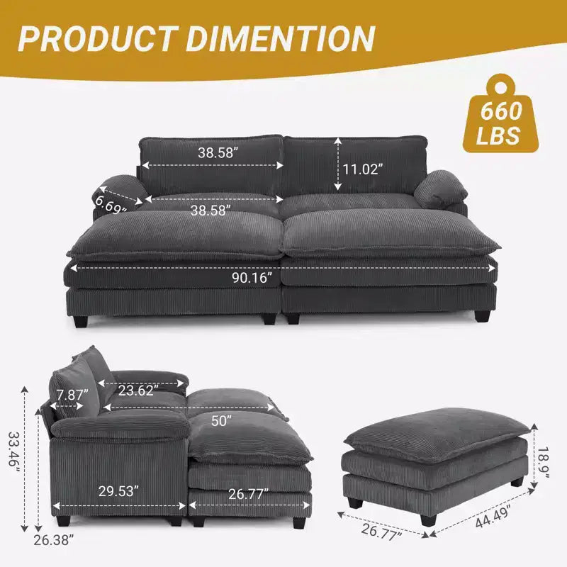 Canapé modulable en velours côtelé couleur nuage pour 2 personnes, disponible en noir/marron/gris/vert/écru