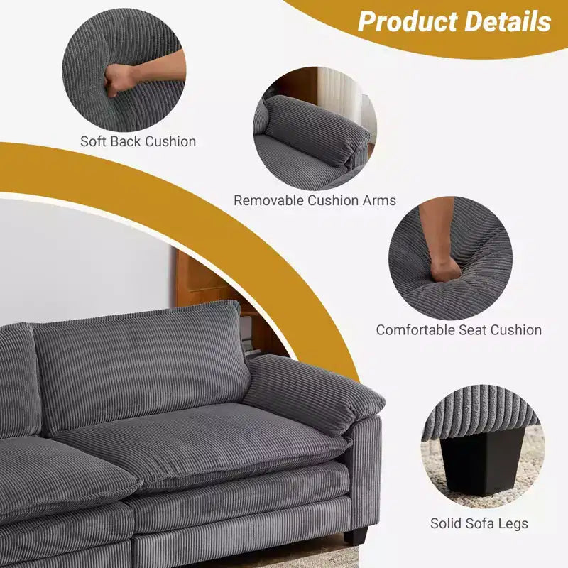 Canapé modulable en velours côtelé couleur nuage pour 2 personnes, disponible en noir/marron/gris/vert/écru