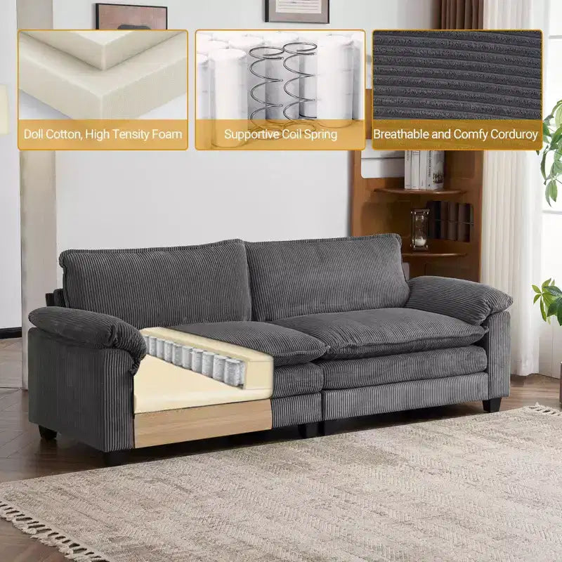 Canapé modulable en velours côtelé couleur nuage pour 2 personnes, disponible en noir/marron/gris/vert/écru