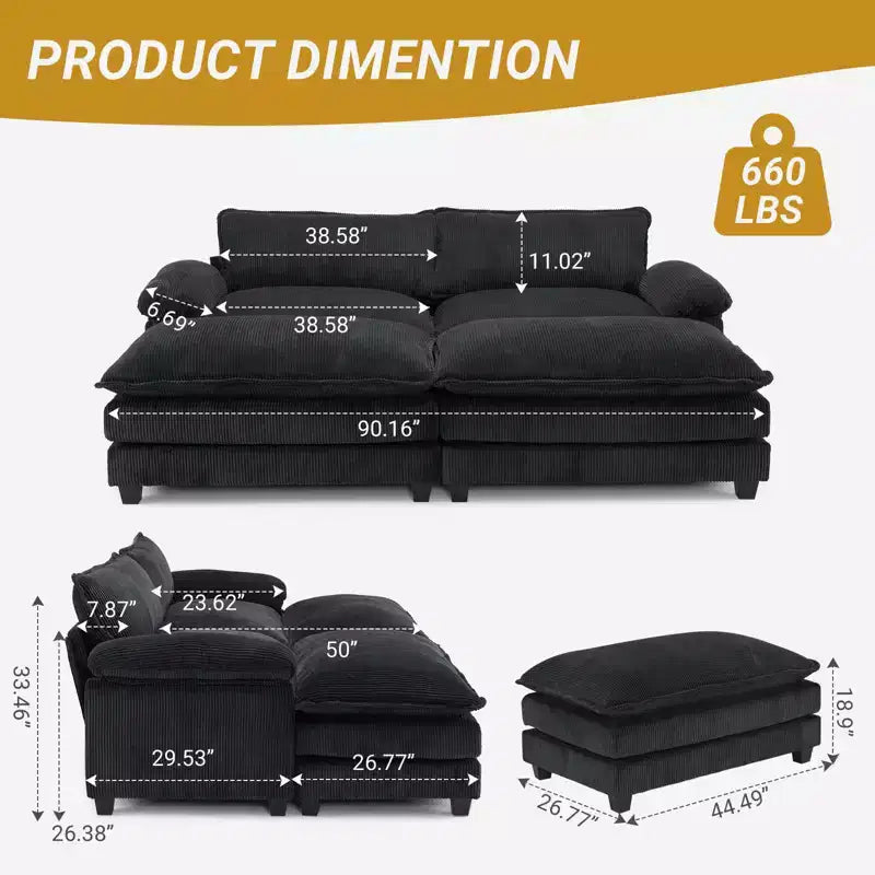 Canapé modulable en velours côtelé couleur nuage pour 2 personnes, disponible en noir/marron/gris/vert/écru