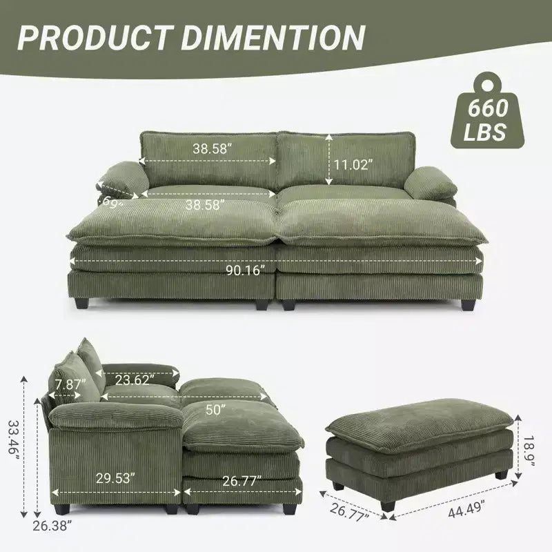 Canapé modulable en velours côtelé couleur nuage pour 2 personnes, disponible en noir/marron/gris/vert/écru