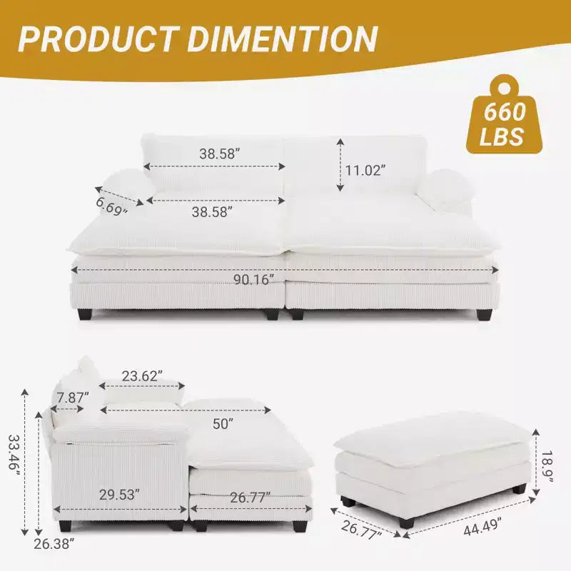 Canapé modulable en velours côtelé couleur nuage pour 2 personnes, disponible en noir/marron/gris/vert/écru