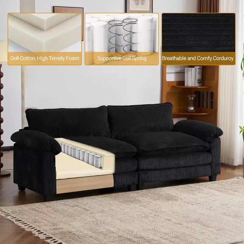 Canapé modulable en velours côtelé couleur nuage pour 2 personnes, disponible en noir/marron/gris/vert/écru