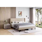 King Bed Frame,Platform Bed with Wingback Headboard,Upholstered Bed Frame with 2 Storage Pockets, Strong Wooden Slat Support, Easy Assembly