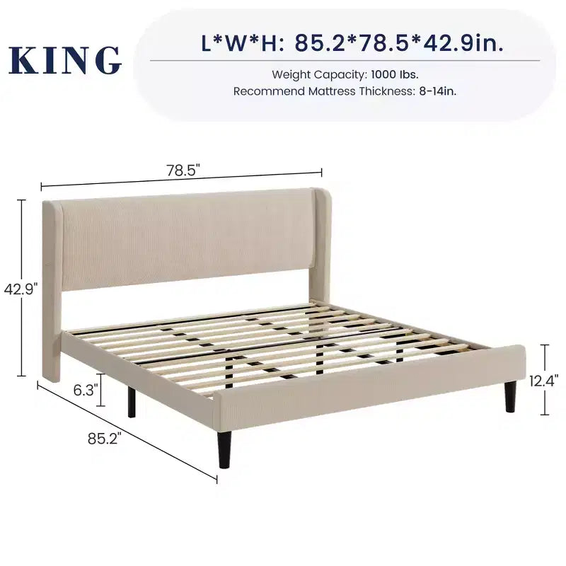 Lit plate-forme King rembourré avec tête de lit capitonnée et 2 poches de rangement pour 1