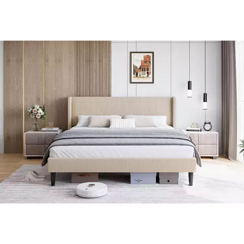 Lit plate-forme King rembourré avec tête de lit capitonnée et 2 poches de rangement pour 1