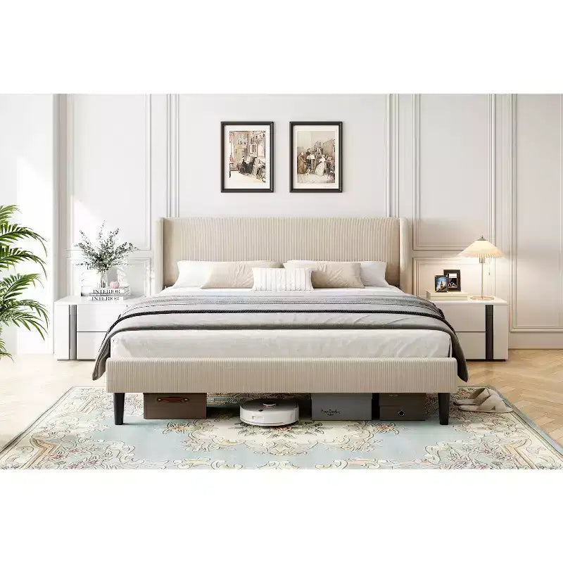 Lit plate-forme King rembourré avec tête de lit capitonnée et 2 poches de rangement pour 1