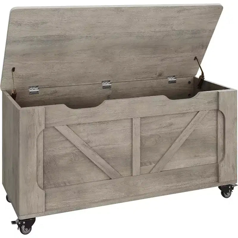 Banc de rangement gris avec roues et charnières de sécurité