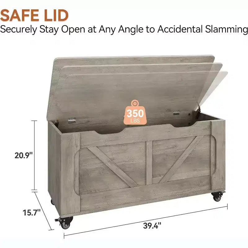 Banc de rangement gris avec roues et charnières de sécurité