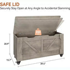 Banc de rangement gris avec roues et charnières de sécurité