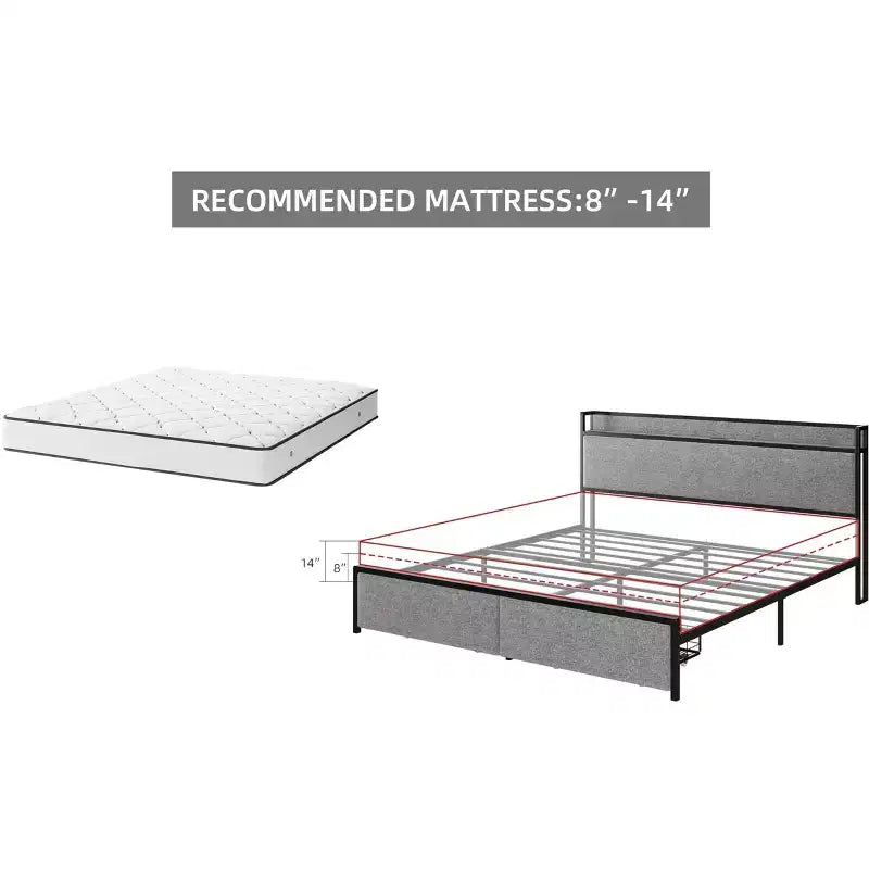 Lit King rembourré avec tête de lit de rangement, 2 tiroirs et station de charge pour 1