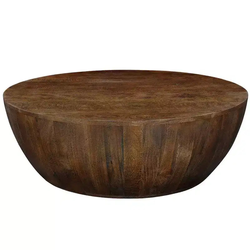 Table basse ronde tambour en manguier marron noyer pour 1 personne