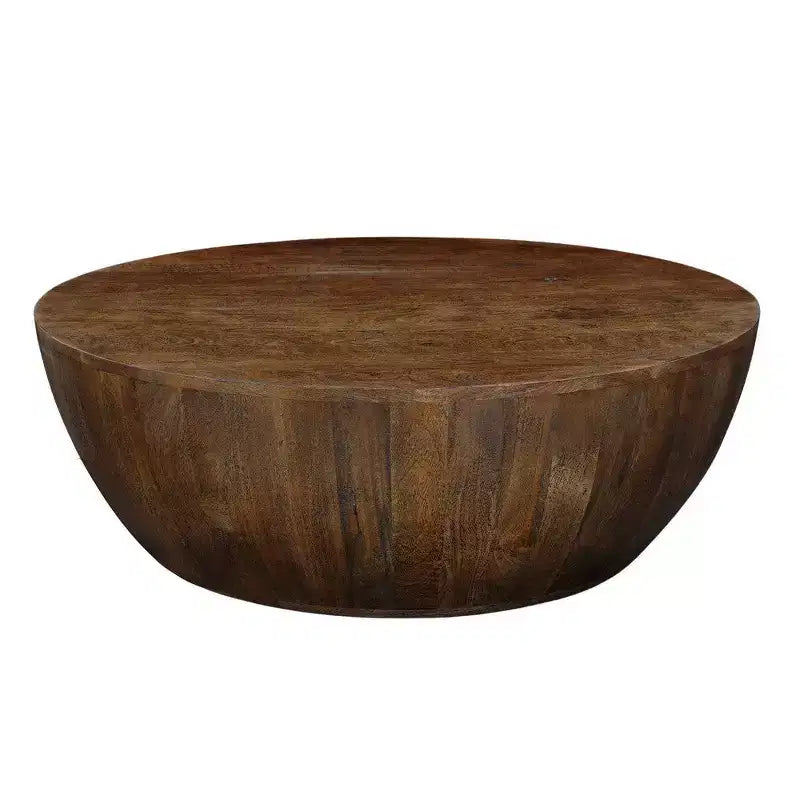 Table basse ronde tambour en manguier marron noyer pour 1 personne