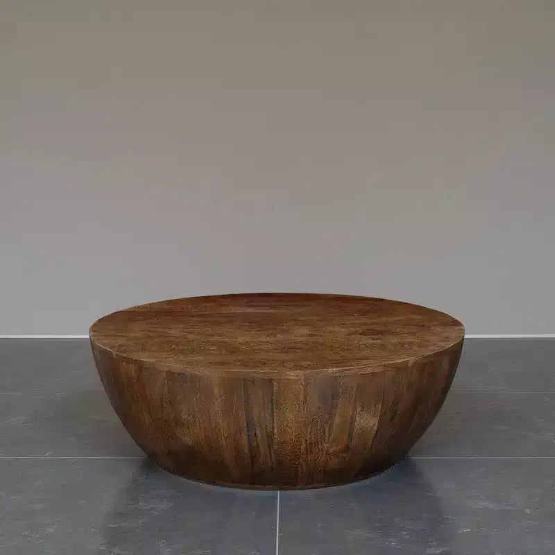 Table basse ronde tambour en manguier marron noyer pour 1 personne
