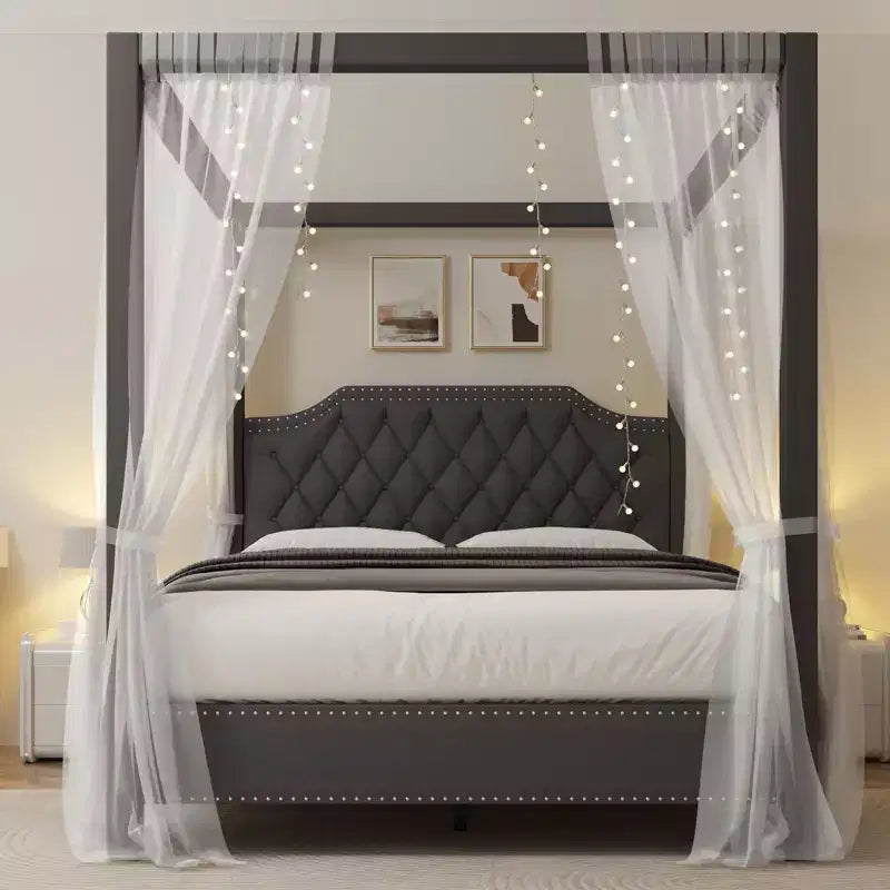 Lit à baldaquin en velours beige/gris avec tête de lit cloutée pour 1 personne