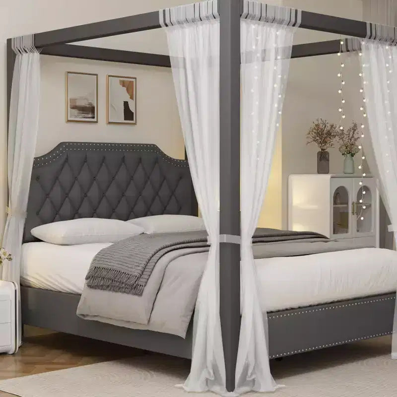 Lit à baldaquin en velours beige/gris avec tête de lit cloutée pour 1 personne