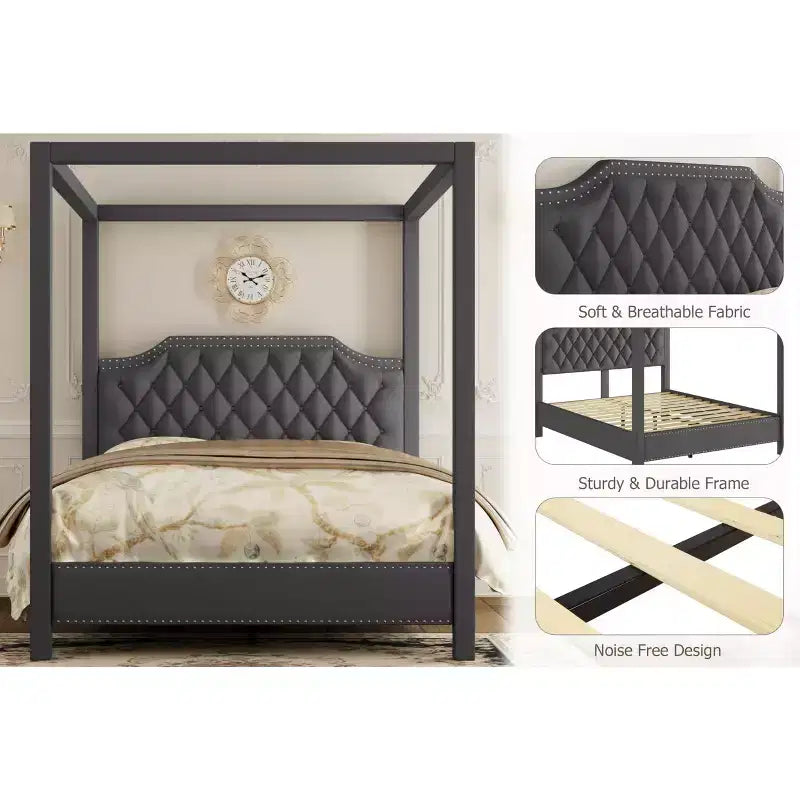 Lit à baldaquin en velours beige/gris avec tête de lit cloutée pour 1 personne