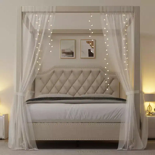 Lit à baldaquin en velours beige/gris avec tête de lit cloutée pour 1 personne
