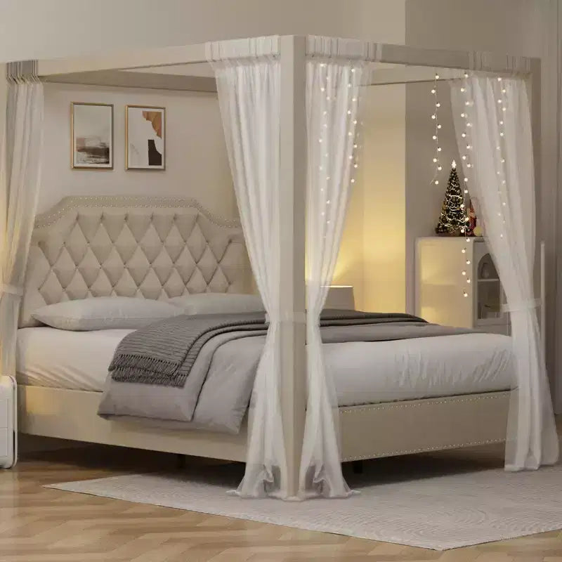 Lit à baldaquin en velours beige/gris avec tête de lit cloutée pour 1 personne