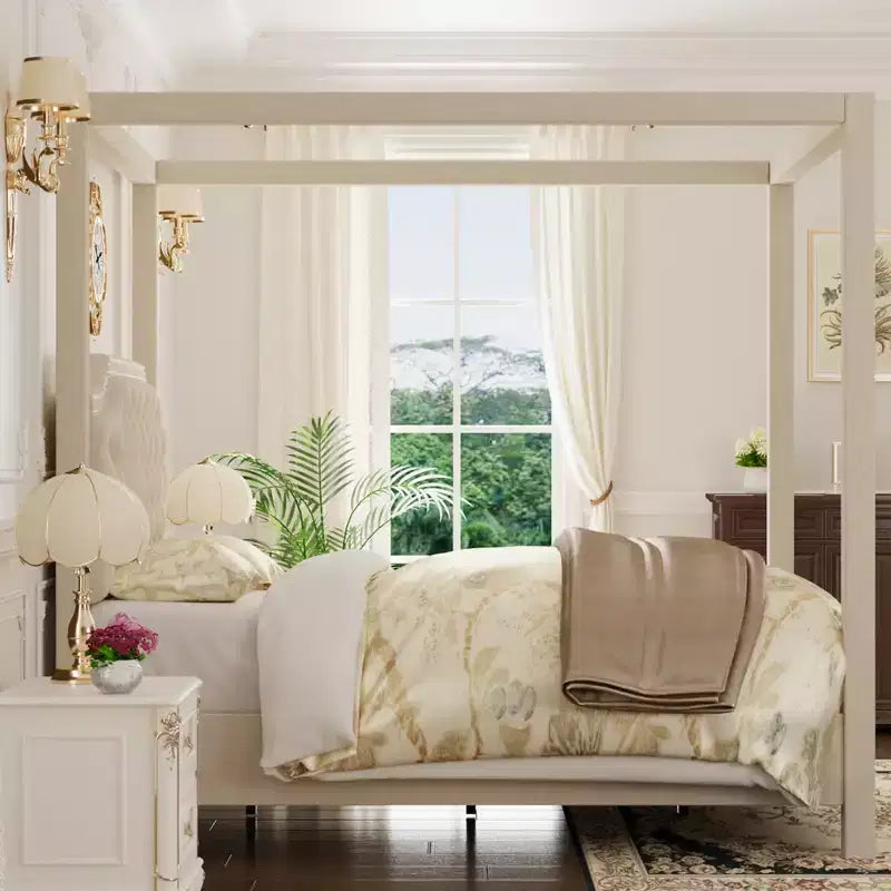 Lit à baldaquin en velours beige/gris avec tête de lit cloutée pour 1 personne