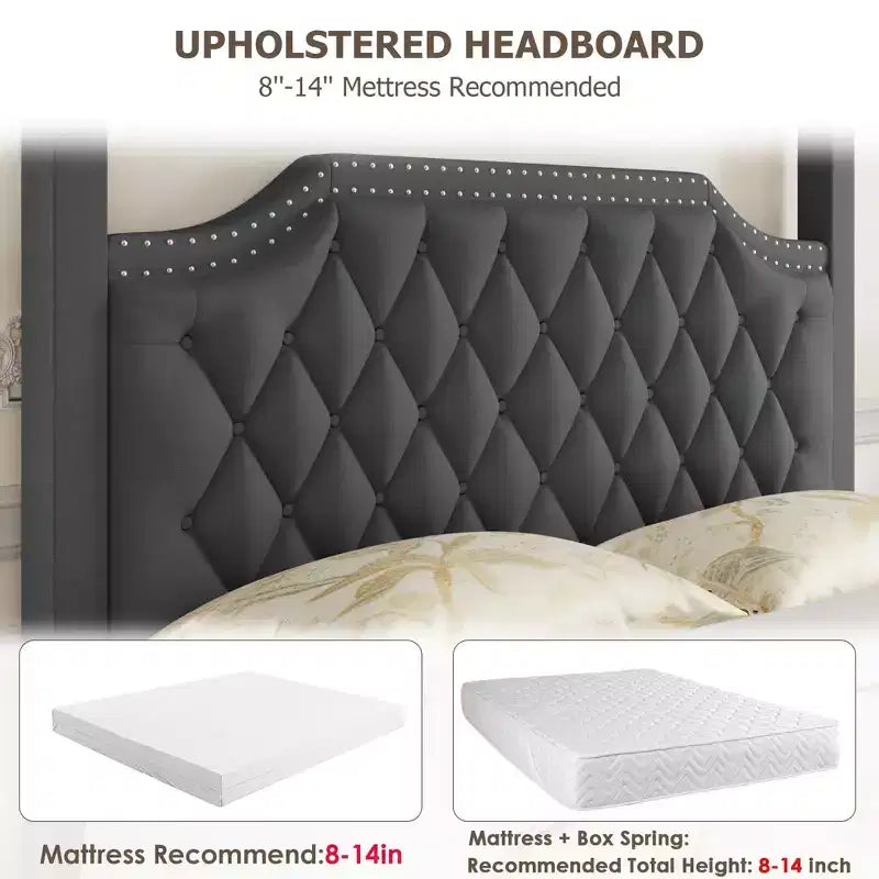 Lit à baldaquin en velours beige/gris avec tête de lit cloutée pour 1 personne
