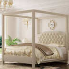 Queen Size Canopy Bed Frame with Nailhead Decoration HeadboardUpholstered Bed Frame with Poles 4 Corner Bed Bracket,Solid Wood Slats Support