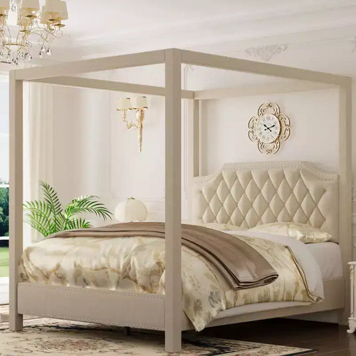 Queen Size Canopy Bed Frame with Nailhead Decoration HeadboardUpholstered Bed Frame with Poles 4 Corner Bed Bracket,Solid Wood Slats Support