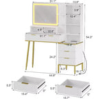 Coiffeuse cannelée blanche et or avec miroir, 5 tiroirs et ports de charge pour 1