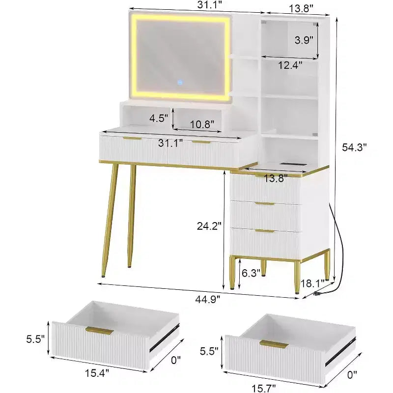 Coiffeuse cannelée blanche et or avec miroir, 5 tiroirs et ports de charge pour 1