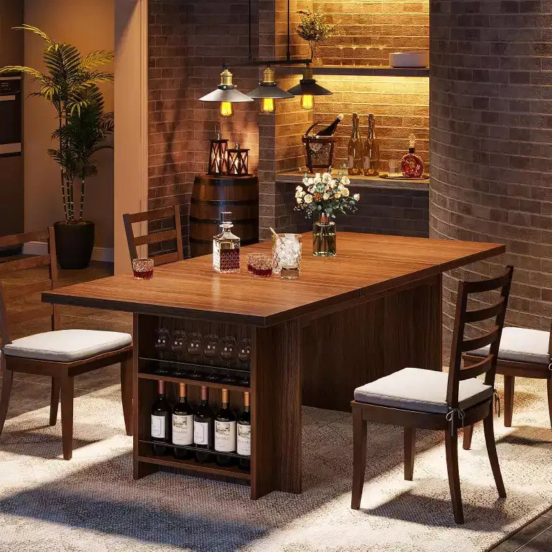 Table à manger rectangulaire de style rustique noire/marron/marron clair avec rangement pour 6 personnes