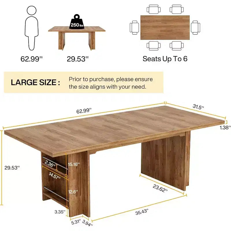 Table à manger rectangulaire de style rustique noire/marron/marron clair avec rangement pour 6 personnes
