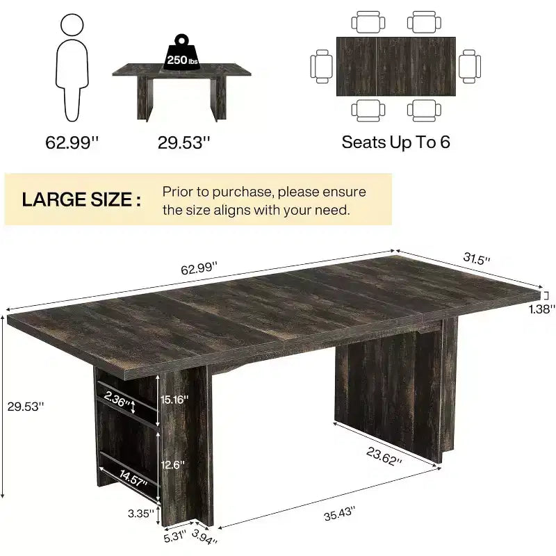 Table à manger rectangulaire de style rustique noire/marron/marron clair avec rangement pour 6 personnes