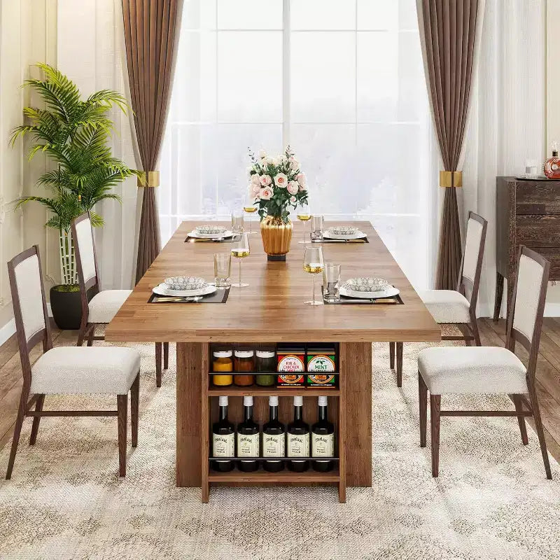 Table à manger rectangulaire de style rustique noire/marron/marron clair avec rangement pour 6 personnes